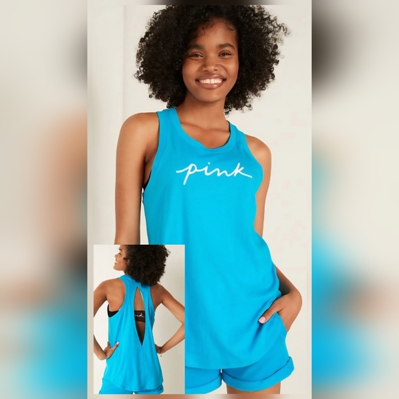 PINK Victoria's Secret Tops - VS PINK Blue Racerback Tank Top Size XL Script Logo Casual